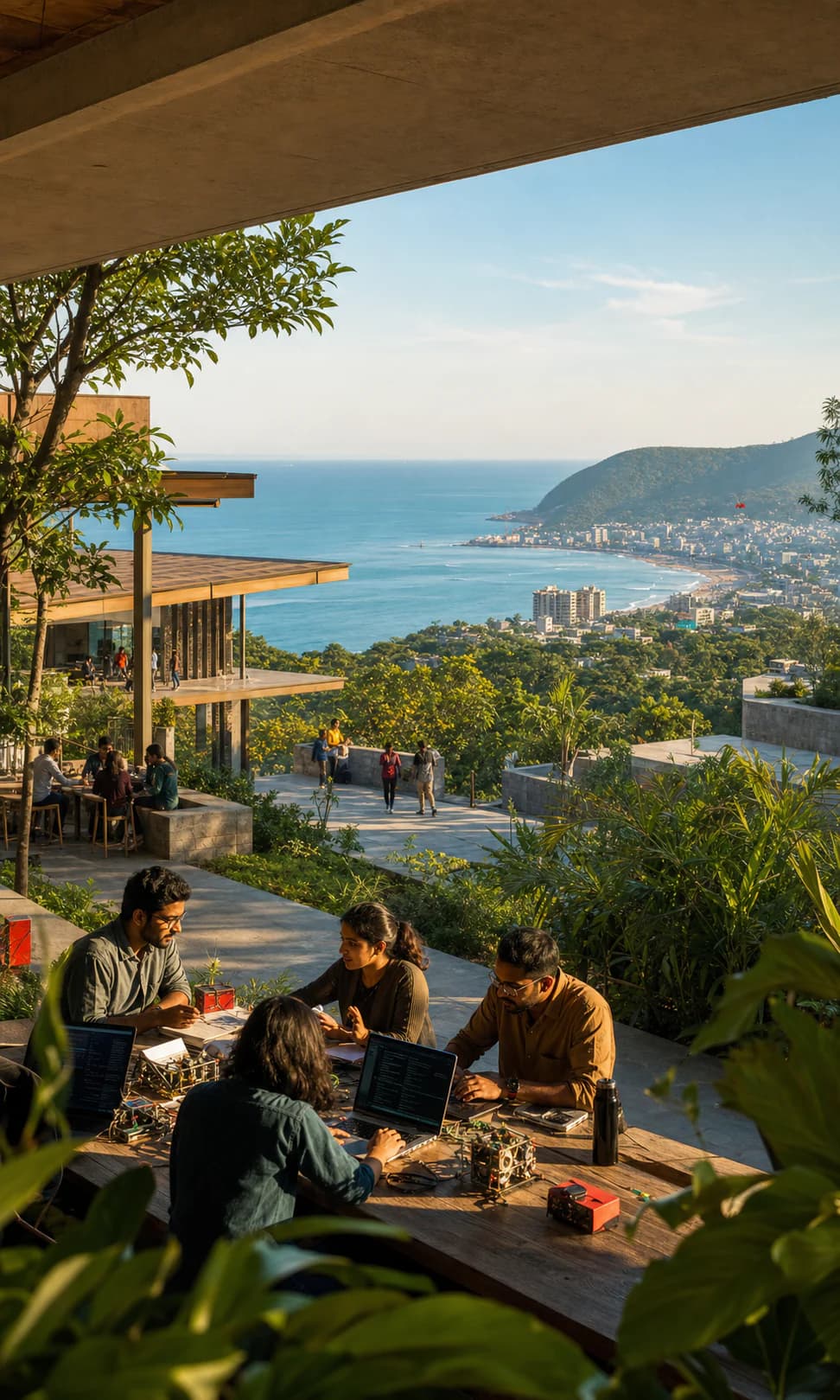 An editorial future study of Indian founders and engineers working from a landscape-led hillside campus above Visakhapatnam’s city and coast