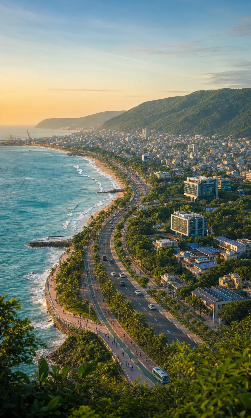 A sunrise editorial future study of Visakhapatnam’s compact coastal city, green hills, beach boulevard, and Bay of Bengal