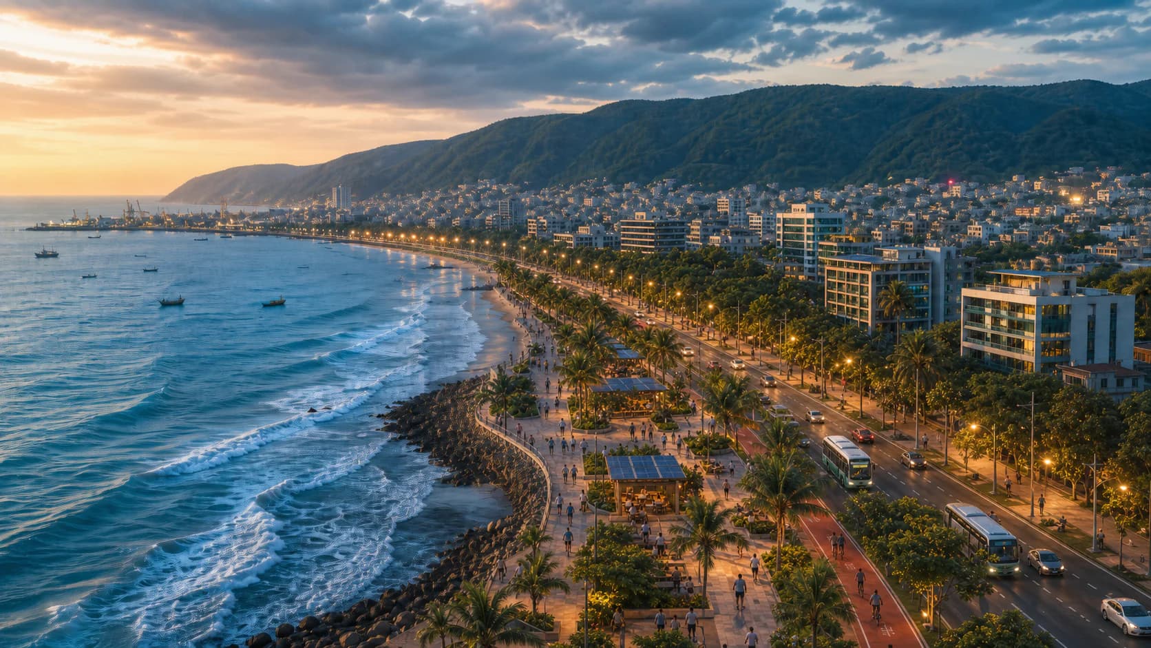 An inviting blue-hour future study of Visakhapatnam’s active waterfront, curved coast, compact city, green hills, and harbour